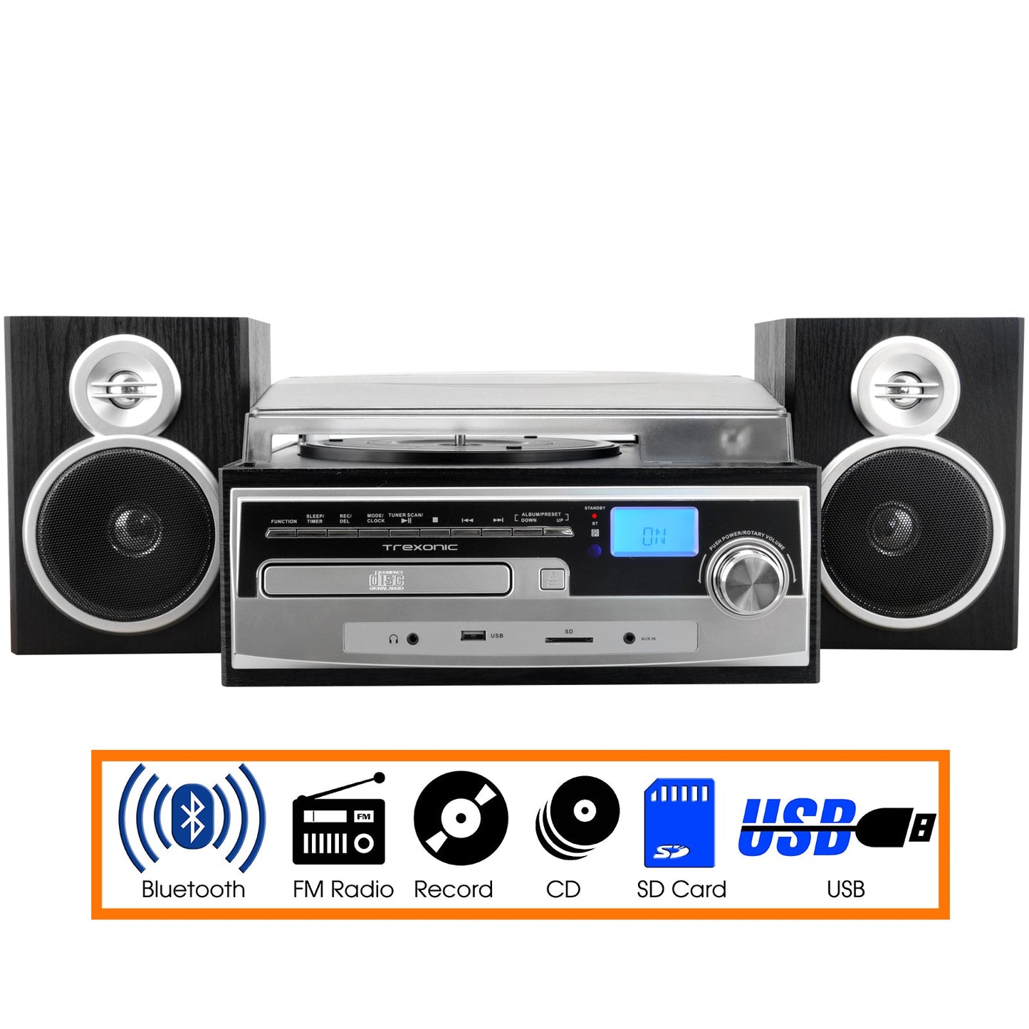 Trexonic 3-Speed Vinyl Turntable Home Stereo System with CD Player, FM Radio, Bluetooth, USB/SD Recording and Wired Shelf Speakers W2B