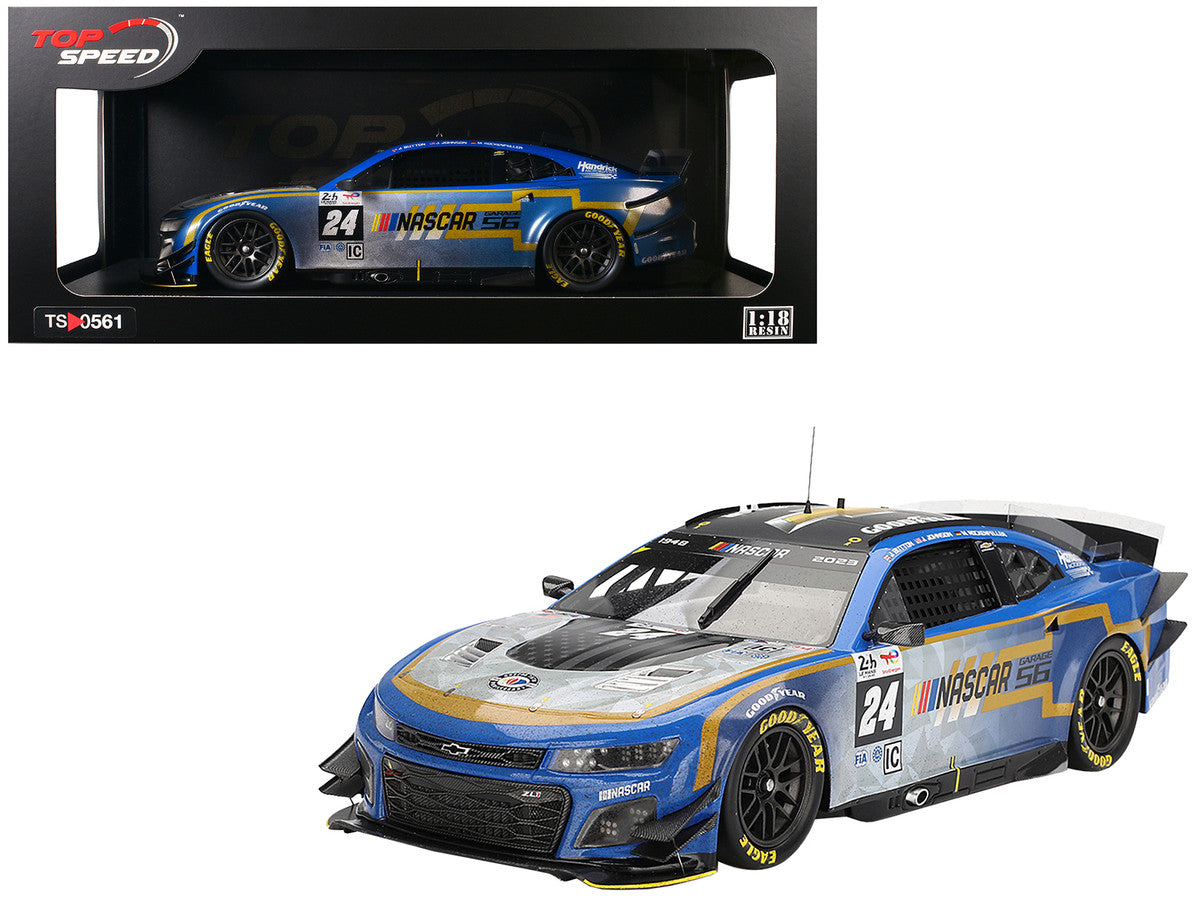 Chevrolet Camaro ZL1 #24 Jenson Button - Jimmie Johnson - Mike Rockenfeller (Post-Race Weathered Version) "Hendrick Motorsports - NASCAR Next Gen Garage 56" Innovative "24 Hours of Le Mans" (2023) 1/18 Model Car by Top Speed Top Speed