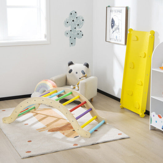 3-in-1 Kids Climber Set Wooden Arch Triangle Rocker with Ramp and Mat - Color: Yellow W2B