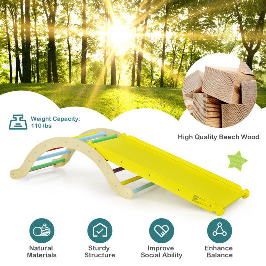 3-in-1 Kids Climber Set Wooden Arch Triangle Rocker with Ramp and Mat - Color: Yellow W2B