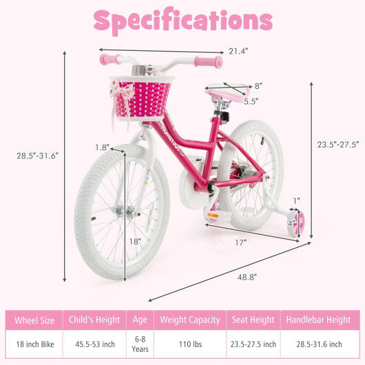 Kids Bicycle 18 Inch Toddler and Kids Bike with Training Wheels for 6-8 Year Old Kids-Pink W2B
