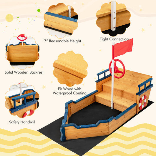 Kids Pirate Boat Wooden Sandbox Children Outdoor Playset W2B