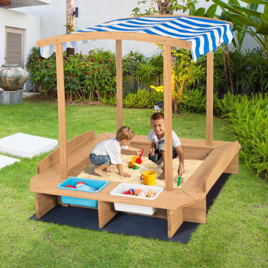 Kids Wooden Sandbox with Striped Canopy W2B