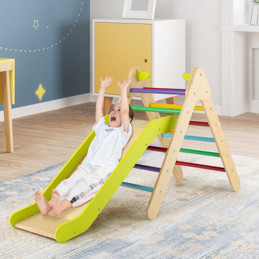 2-in-1 Wooden Triangle Climber Set with Gradient Adjustable Slide-Multicolor W2B