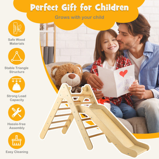 2-in-1 Wooden Triangle Climber Set with Gradient Adjustable Slide-Natural W2B