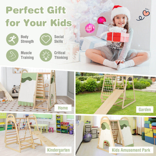 6-in-1 Wooden Kids Jungle Gym Playset with Slide Climbing Net-Natural W2B