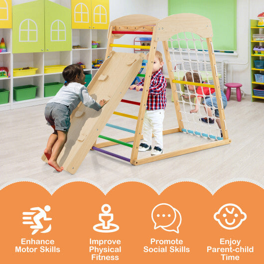 6-in-1 Jungle Gym Wooden Indoor Playground with Double-Sided Ramp and Monkey Bars-Multicolor