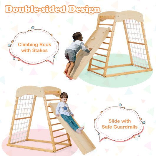 6-in-1 Jungle Gym Wooden Indoor Playground with Double-Sided Ramp and Monkey Bars-Multicolor W2B