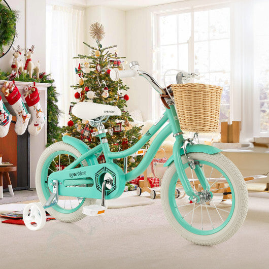 14-Inch Kids Bike with Training Wheels and Adjustable Handlebar Seat-Green - Color: Green W2B