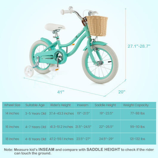 14-Inch Kids Bike with Training Wheels and Adjustable Handlebar Seat-Green - Color: Green W2B