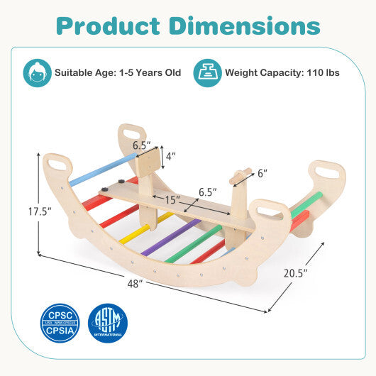 4-in-1 Multifunctional Wooden Climbing Toys with Rocker and Crawling Tunnel-Multicolor W2B