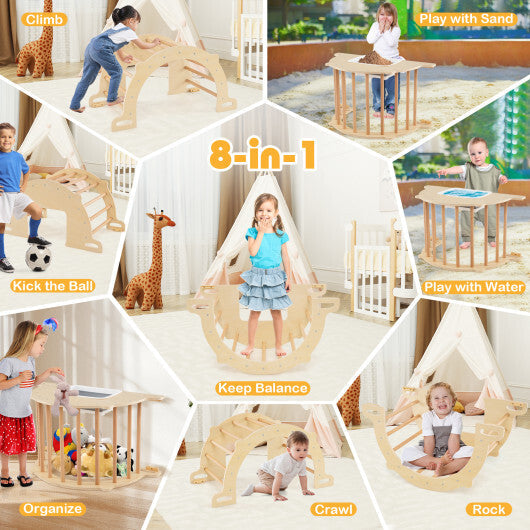 8 in 1 Climbing Arch Sensory Table for Kids with Collapsible Storage Bin for 3+ Years Old-Natural W2B