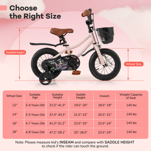12 Inch Kids Bike with Helmet Protective Set Black & Pink W2B