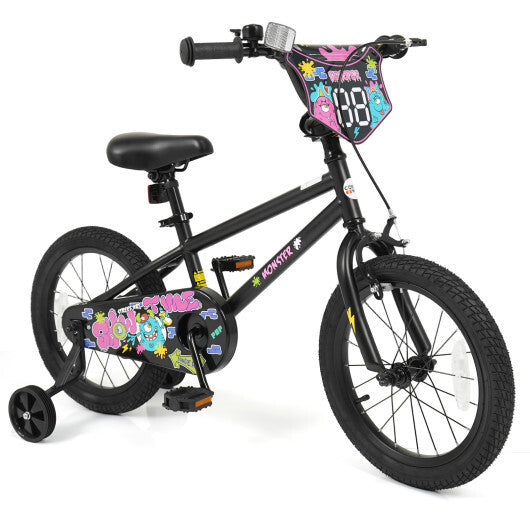 16 Inch Kids Bike with Training Wheels for Ages 4-7 Years Old Black- Street Art Time - Color: Black - Size: 16 inches W2B