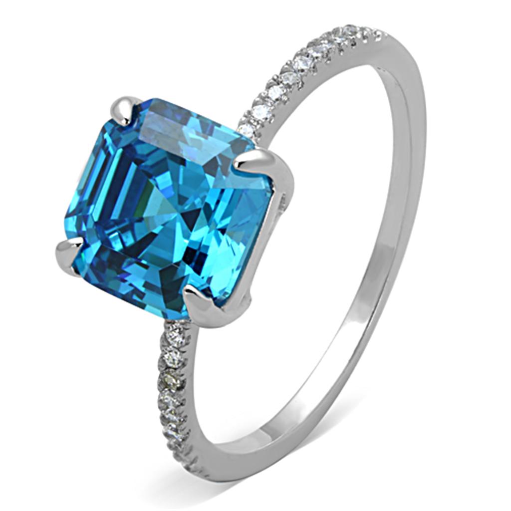 TS178 - Rhodium 925 Sterling Silver Ring with Cubic in Sea Blue-4
