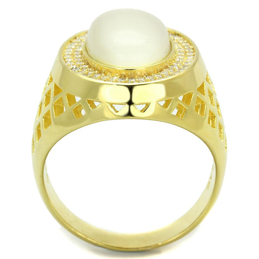 TS244 - Gold 925 Sterling Silver Ring with Synthetic Cat Eye in White Alamode
