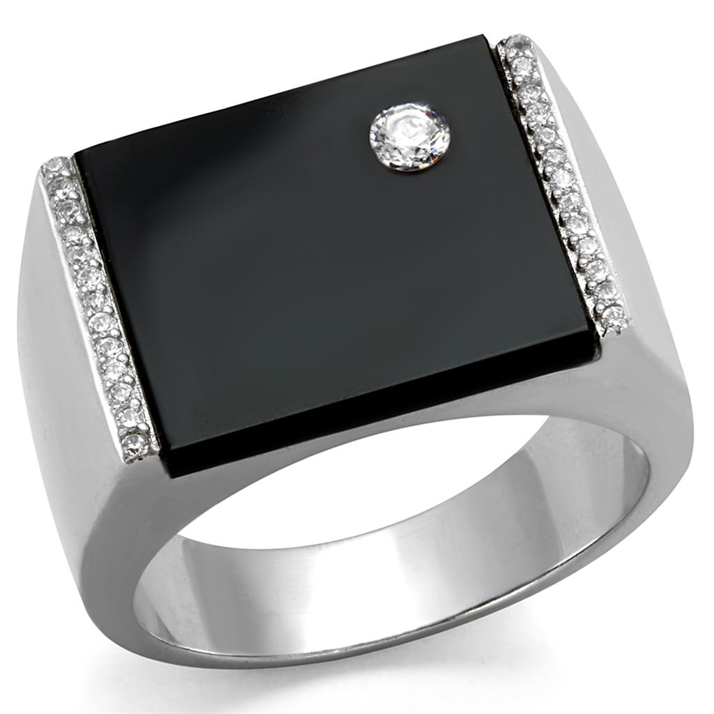 TS459 - Rhodium 925 Sterling Silver Ring with Synthetic Onyx in Jet Alamode