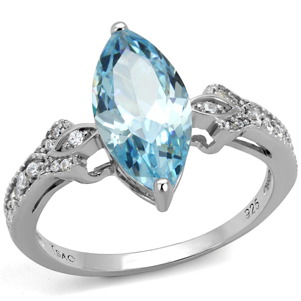 TS502 - Rhodium 925 Sterling Silver Ring with AAA Grade CZ in Sea Blue Alamode