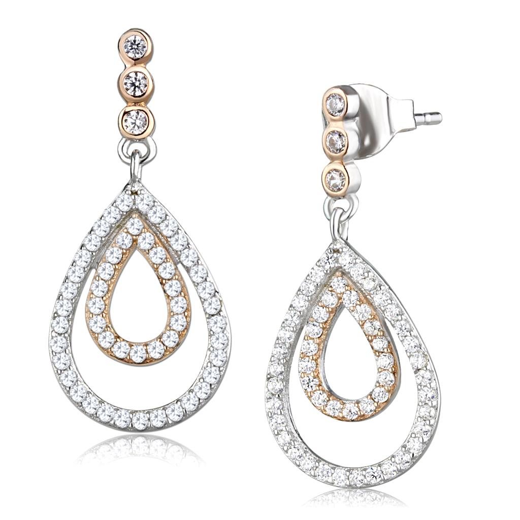 TS548 - Rose Gold + Rhodium 925 Sterling Silver Earrings with AAA Grade CZ in Clear Alamode