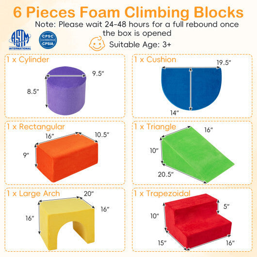 6 Pieces Foam Climbing Blocks for Kids with Slide and Tunnel-Gray W2B
