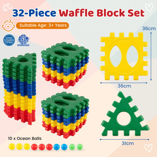 32-Piece Oversized Waffle Block Set with 10 Ocean Balls Easy-to-Use Grid Building Toys W2B