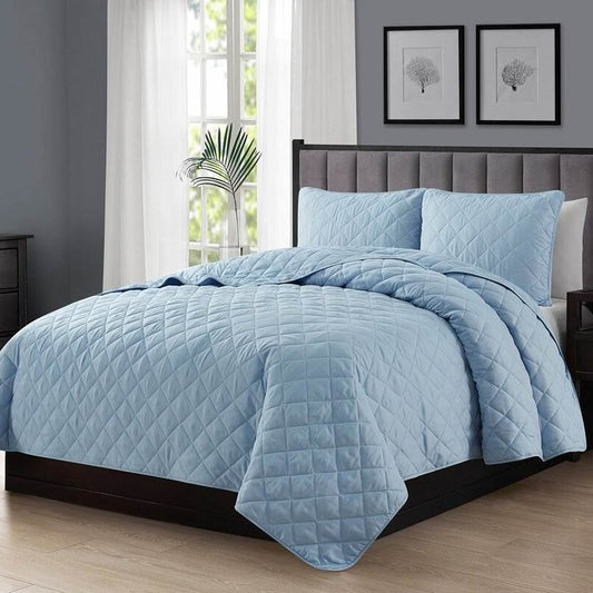 Twin/Twin XL 2-Piece Light Blue Microfiber Reversible Diamond Quilt Set FastFurnishings