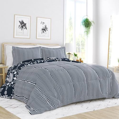 Twin size 3-Piece Navy Blue White Reversible Floral Striped Comforter Set FastFurnishings