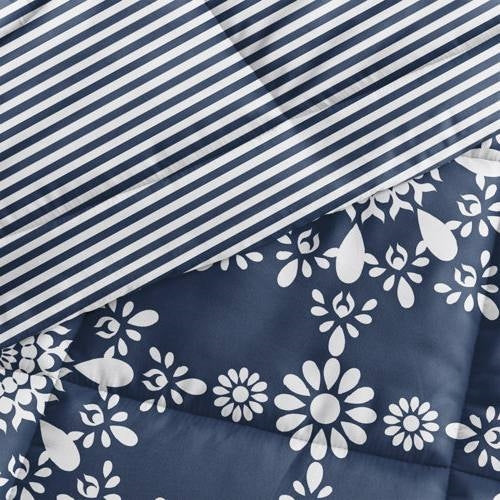Twin size 3-Piece Navy Blue White Reversible Floral Striped Comforter Set FastFurnishings