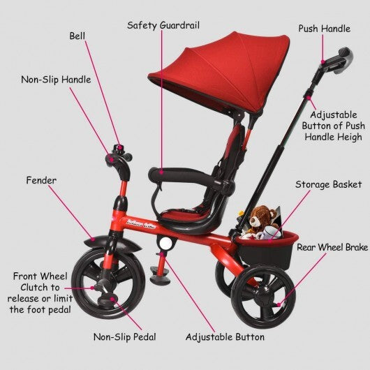 4-in-1 Kids Tricycle with Adjustable Push Handle-Red - Color: Red W2B
