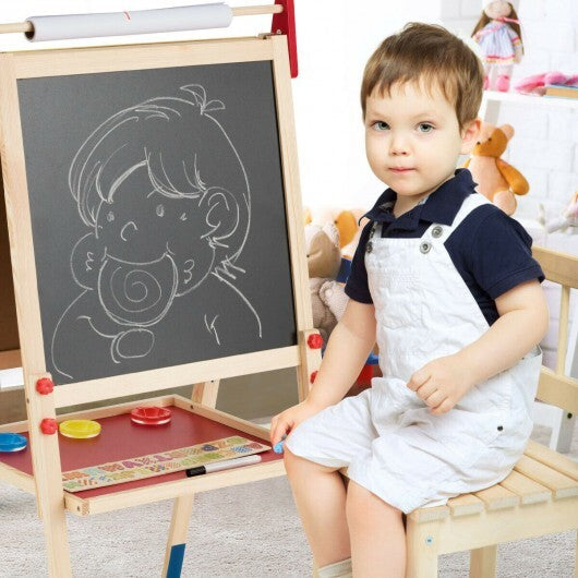 All-in-One Wooden Height Adjustable Kid's Art Easel with Magnetic Stickers and Paper - Color: Multicolor W2B