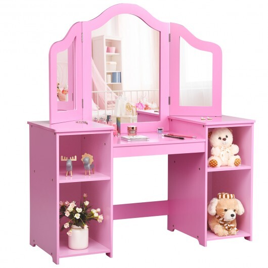 Kids Tri Folding Mirror Makeup Dressing Vanity Table Set-White W2B