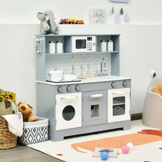 Pretend Play Kitchen Wooden Toy Set for Kids with Realistic Light and Sound W2B