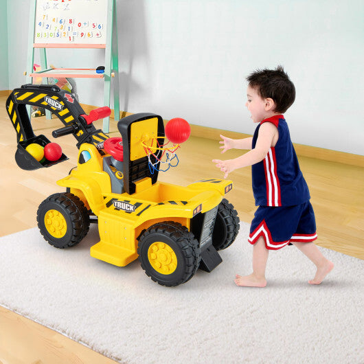 6V Kids Ride On Excavator Fun Digger with Folding Basketball Hoop W2B