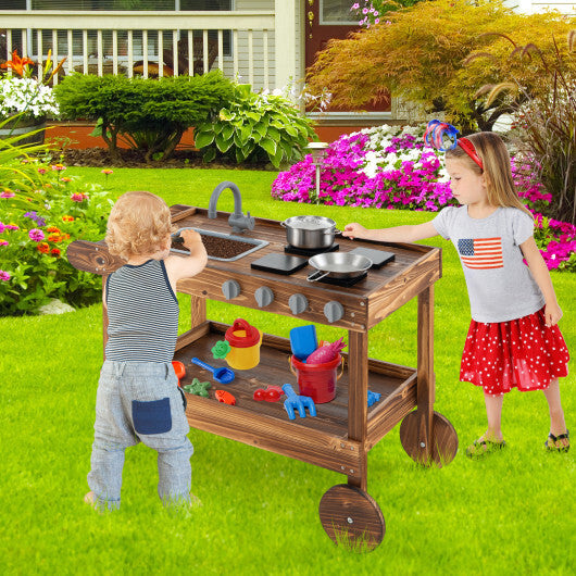 Outdoor Movable Mud Kitchen with 2 Rolling Wheels and 1 Push Handle-Natural W2B