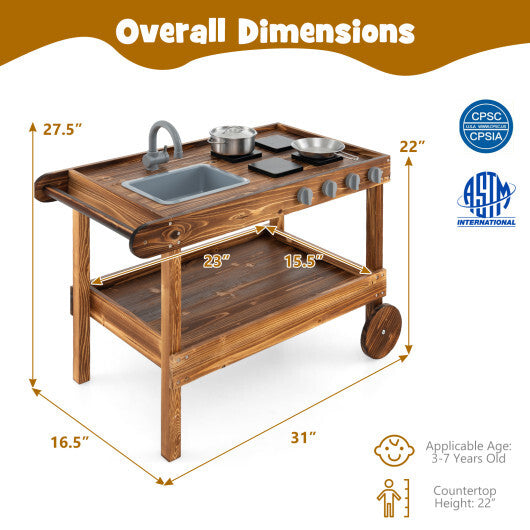 Outdoor Movable Mud Kitchen with 2 Rolling Wheels and 1 Push Handle-Natural W2B