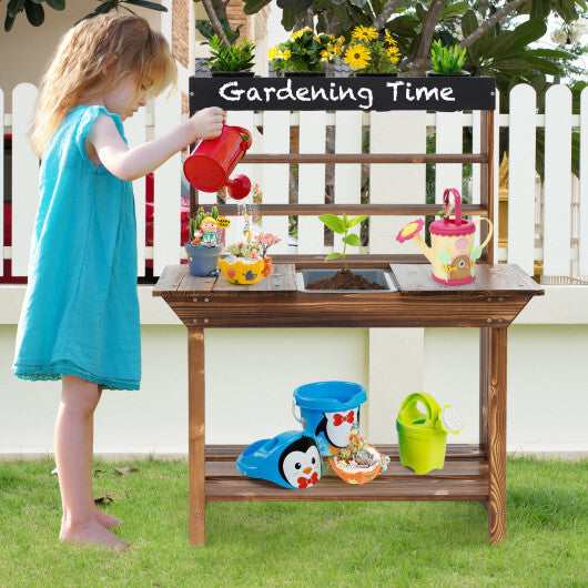 Wooden Potting Bench Table Outdoor Mud Kitchen with Solid Fir Wood Frame-Natural W2B