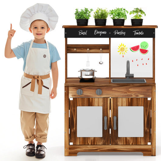 Mud Kitchen Fir Wood Play Kitchen with 4 Panting Pots Faucet Removable Sink-Natural W2B