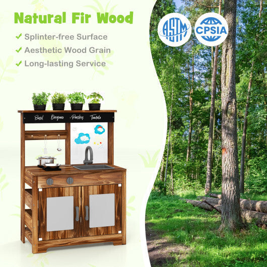 Mud Kitchen Fir Wood Play Kitchen with 4 Panting Pots Faucet Removable Sink-Natural W2B