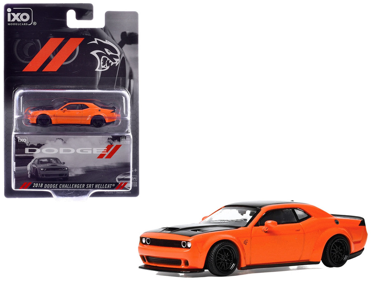 2018 Dodge Challenger SRT Hellcat Go Mango Orange with Matt Black Hood and Top 1/64 Diecast Model Car by IXO Models IXO