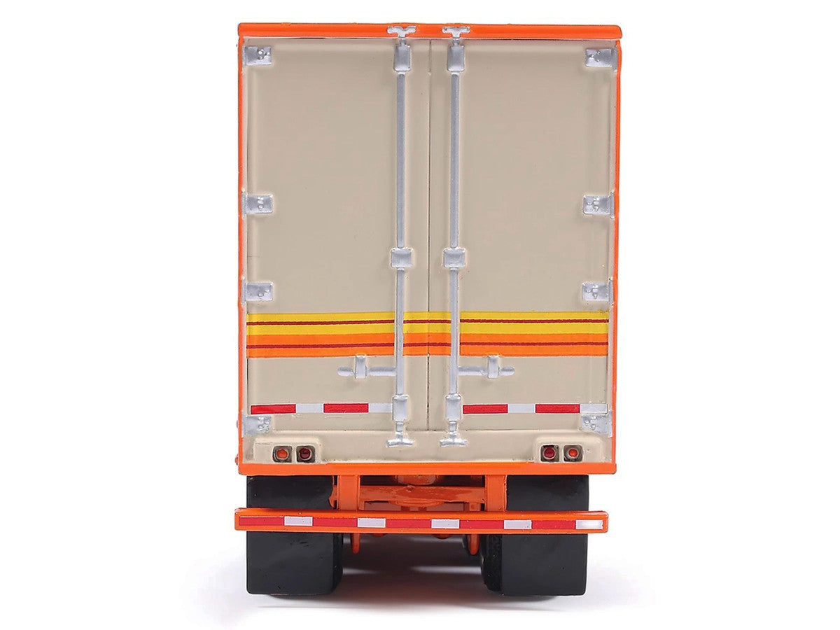 1973 Peterbilt 359 Truck Tractor with Sleeper Cab Cream with Orange and Yellow Stripes and Refrigerate Modern Trailer 1/64 Diecast Model Car by IXO Models IXO