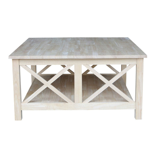 Square Unfinished Solid Wood Coffee Table with Bottom Shelf-1