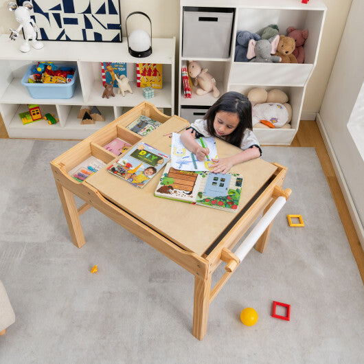 Kids Multi Activity Play Table Wooden Building Block Desk with Storage Paper Roll-Natural W2B