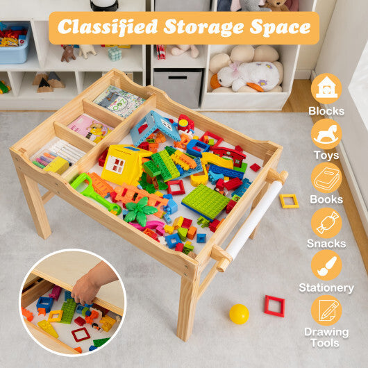 Kids Multi Activity Play Table Wooden Building Block Desk with Storage Paper Roll-Natural W2B