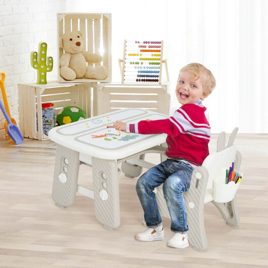 Kids Table and Chair Set with Flip-Top Bookshelf-Gray