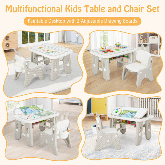 Kids Table and Chair Set with Flip-Top Bookshelf-Gray