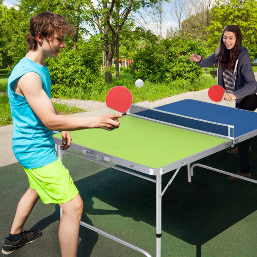 Foldable Ping Pong Table Game Set Mini Table Tennis Table with Adjustable Height-Blue & Green W2B