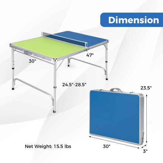 Foldable Ping Pong Table Game Set Mini Table Tennis Table with Adjustable Height-Blue & Green W2B
