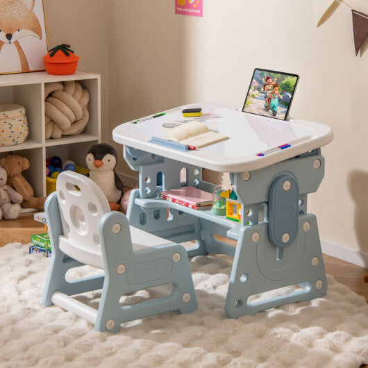 Height Adjustable Kids Table and Chair Set with Tiltable Whiteboard and Concave Shelf-Gray W2B