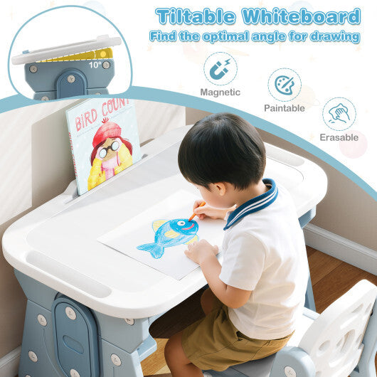 Height Adjustable Kids Table and Chair Set with Tiltable Whiteboard and Concave Shelf-Gray W2B
