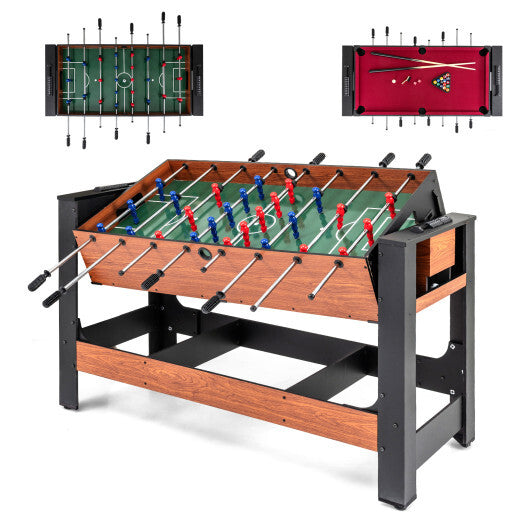 2-in-1 Full Size Foosball and Pool Combo Table with Legs-Black & Brown